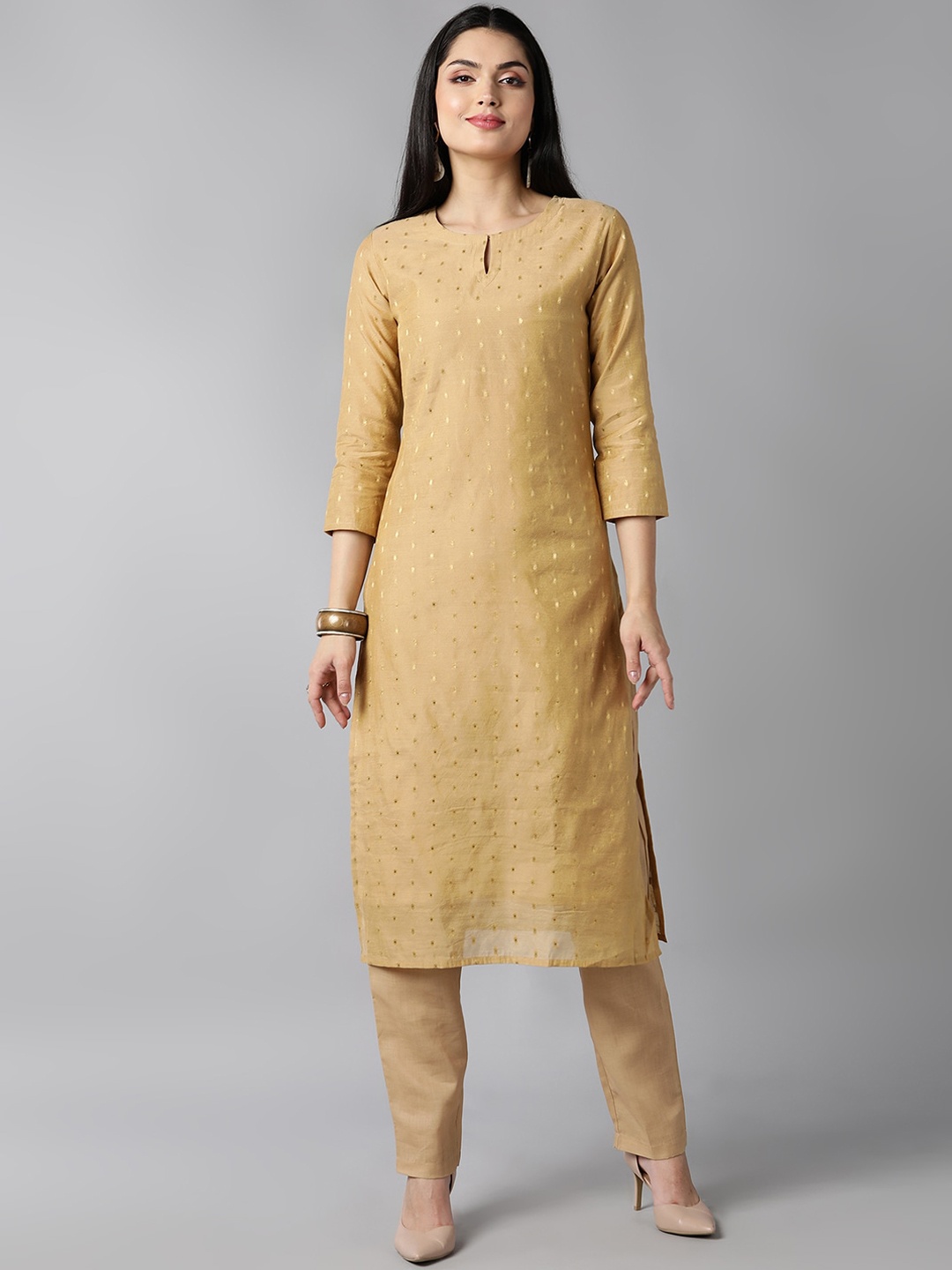 

AHIKA Women Beige Woven Design Regular Kurta with Trousers