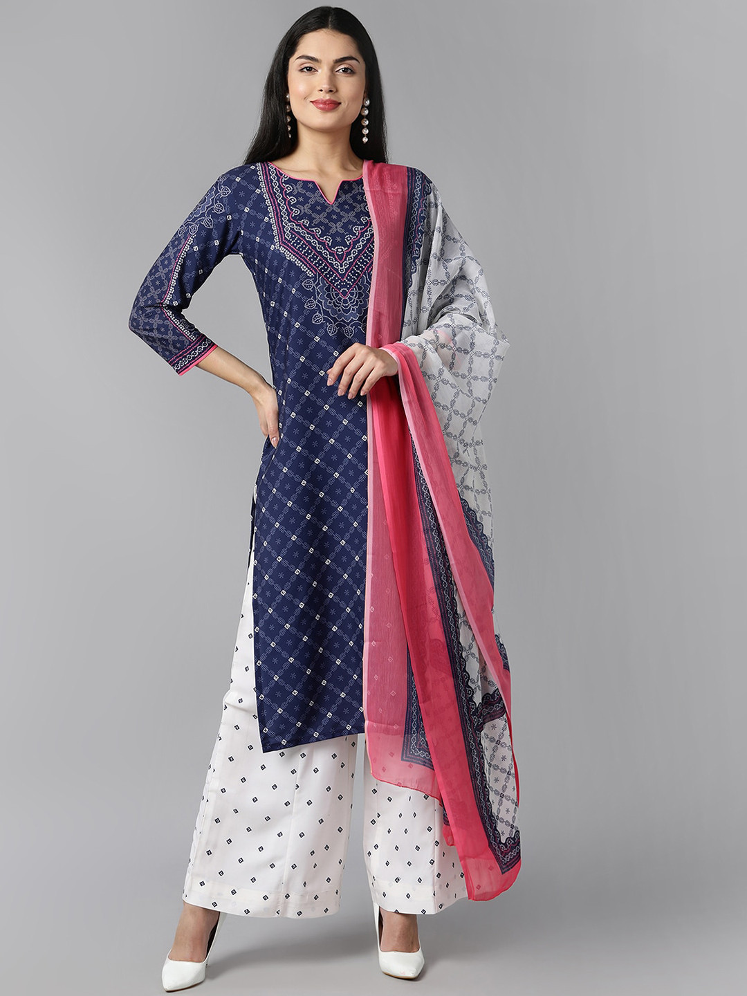 

AHIKA Women Navy Blue Ethnic Motifs Printed Regular Kurta with Palazzos & With Dupatta