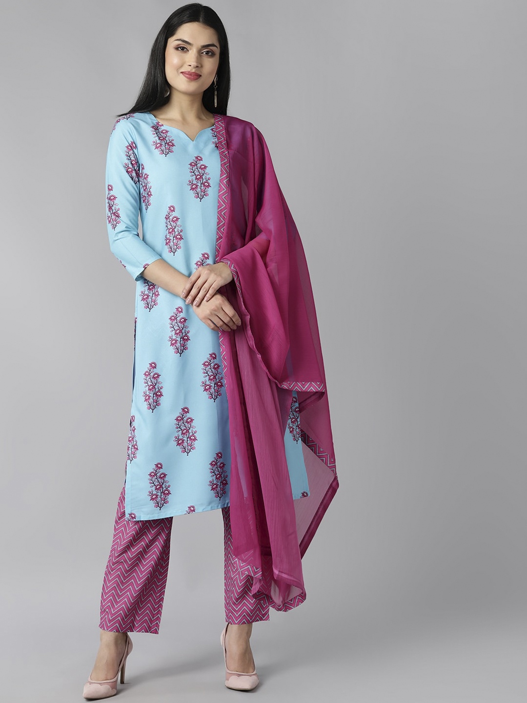 

AHIKA Women Blue Ethnic Motifs Embroidered Panelled Kurti with Trousers & With Dupatta