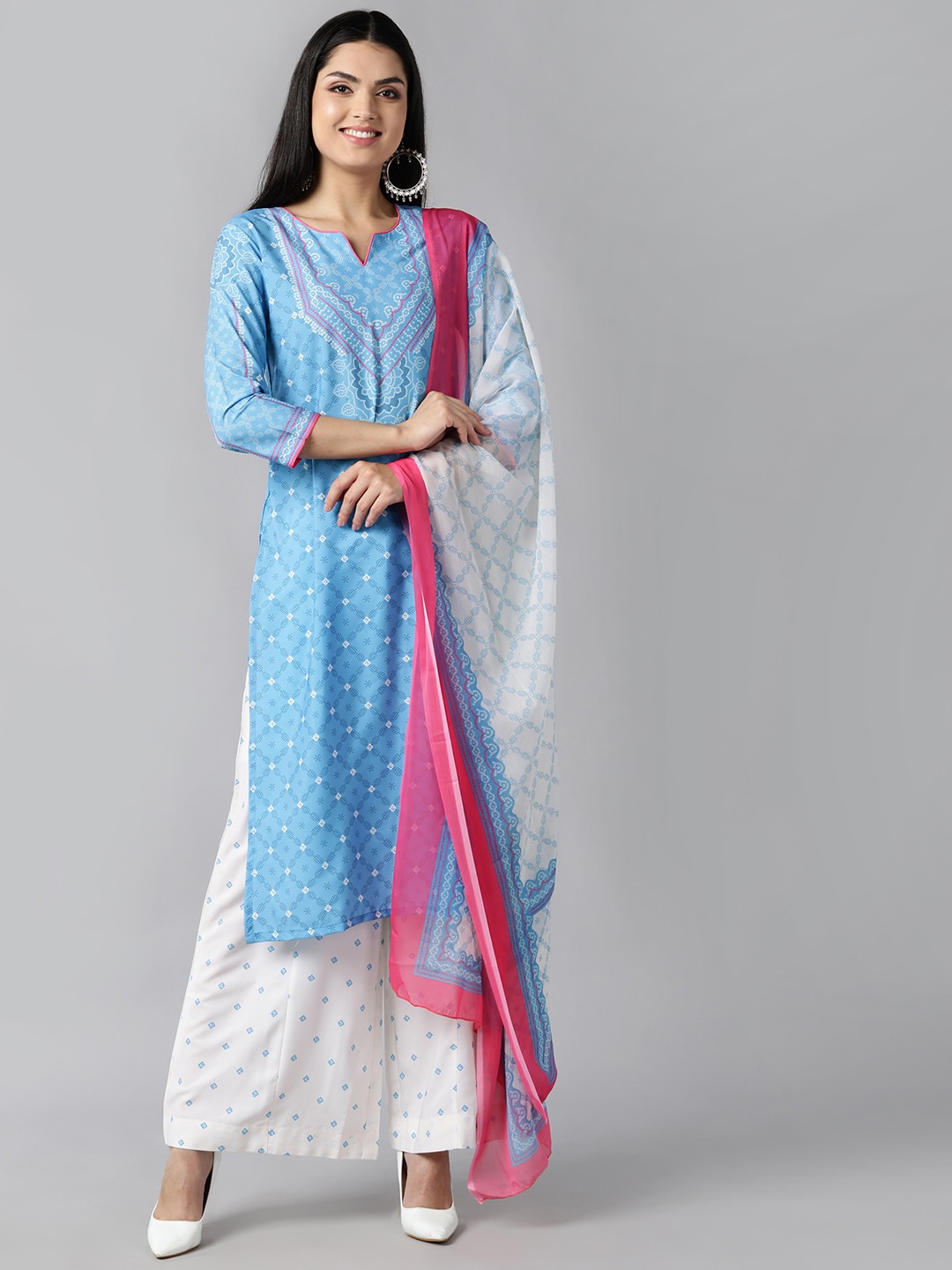 

AHIKA Women Blue Ethnic Motifs Printed Panelled Kurta with Trousers & With Dupatta