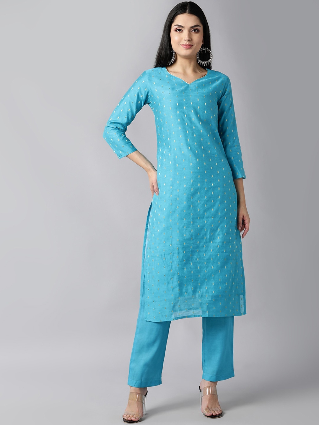 

AHIKA Women Blue & Gold-Coloured Ethnic Motifs Woven Design Regular Kurta with Trousers