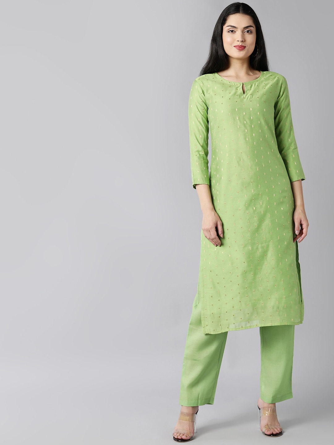 

AHIKA Women Green Ethnic Motifs Embroidered Regular Kurta with Trousers