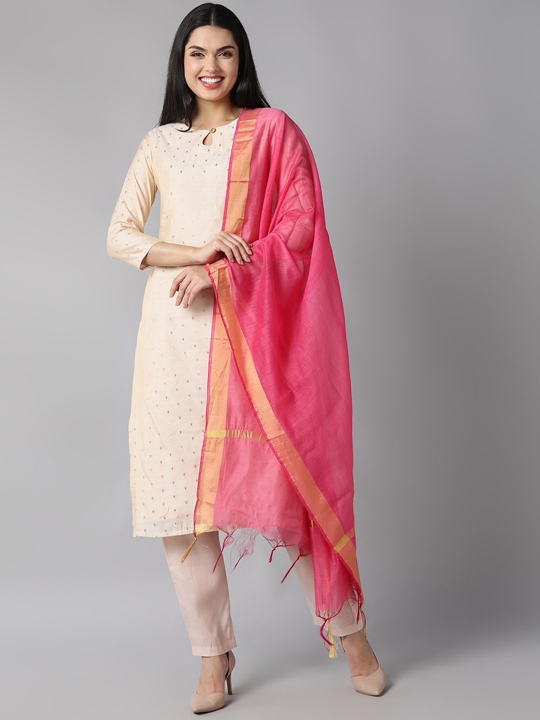 

AHIKA Women Cream-Coloured Ethnic Motifs Kurti with Salwar & Dupatta