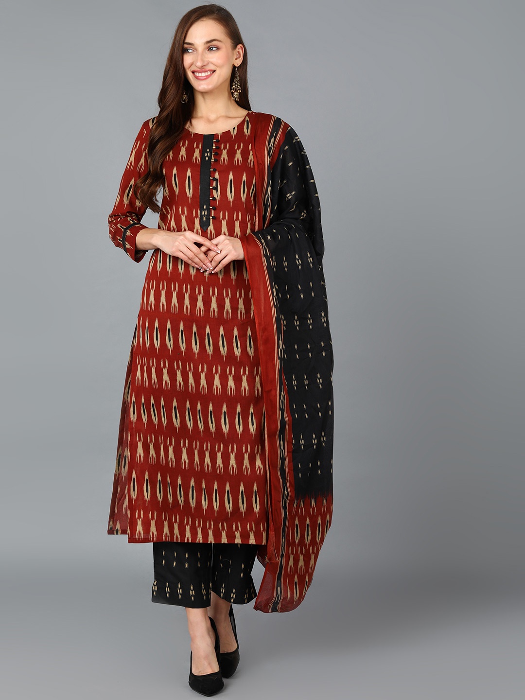 

AHIKA Ethnic Motifs Printed Regular Kurta with Trousers & With Dupatta, Red