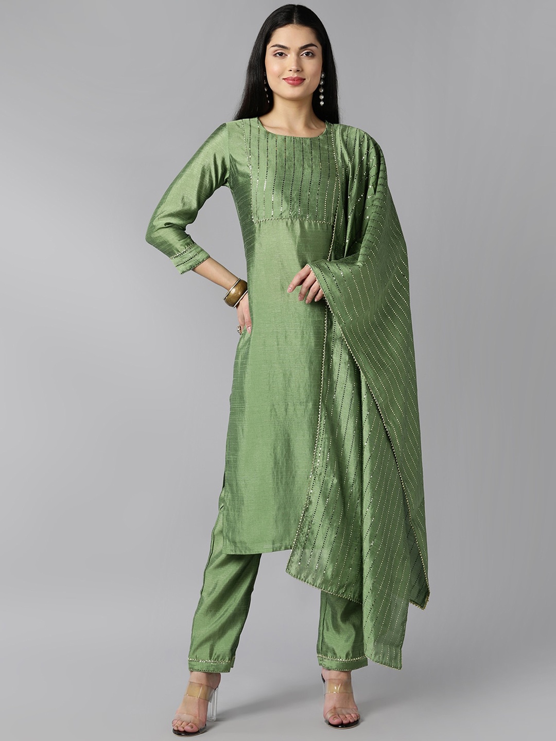 

AHIKA Women Green Yoke Design Regular Kurta with Trousers & With Dupatta