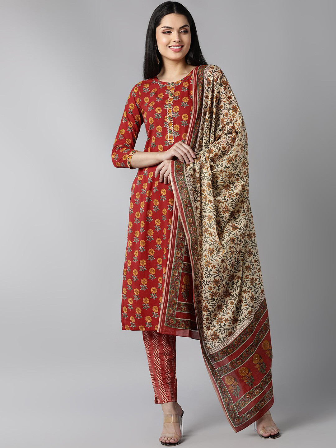 

AHIKA Women Red Ethnic Motifs Printed Regular Pure Cotton Kurta with Trousers & With Dupatta