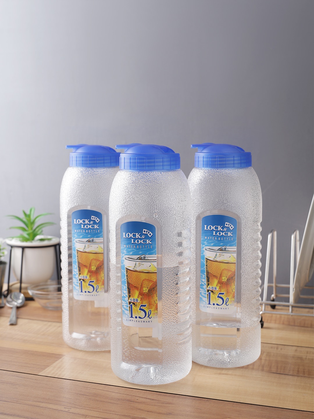 

Lock & Lock Set Of 3 Easy Grip Plastic Water Bottles 1.5 L, Transparent