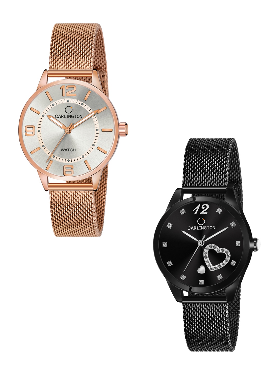 

CARLINGTON Women Set Of 2 Stainless Steel Bracelet Style Straps Watch CT2002 RoseWhite, Rose gold
