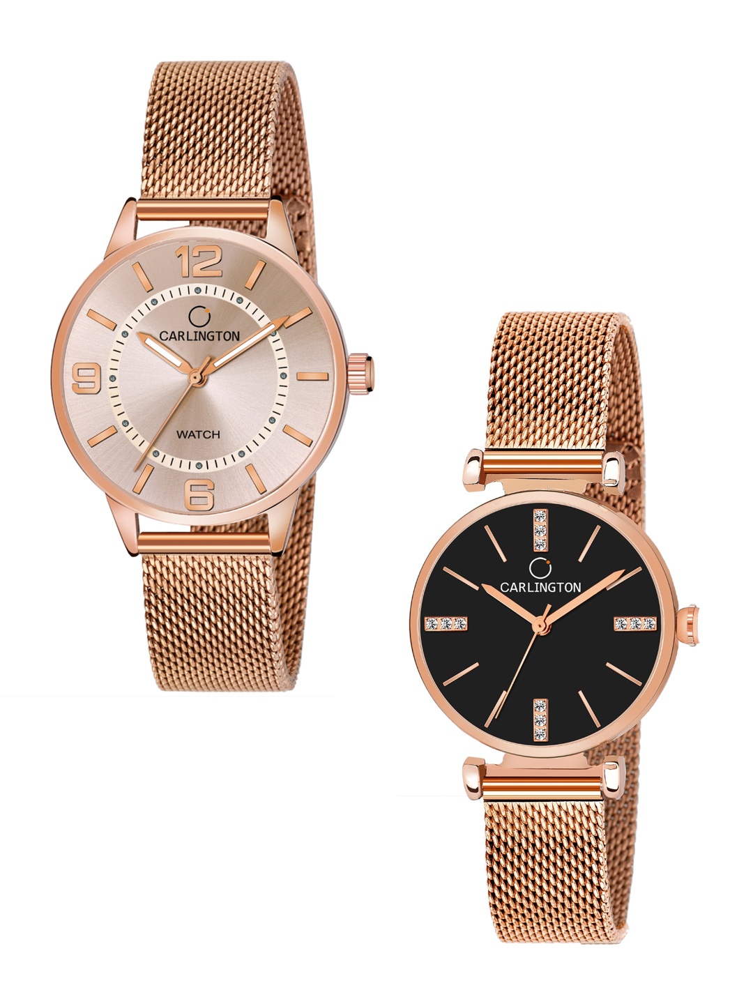 

CARLINGTON Women Set Of 2 Multicoloured Dial & Stainless Steel Bracelet Straps Analogue Watch CT2002 RoseGold-CT2011 RoseBlack, Multi