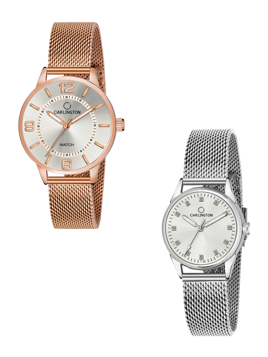 

CARLINGTON Women Set Of 2 Analogue Watch CT2002 RoseWhite-CT2003 Silver, Rose gold