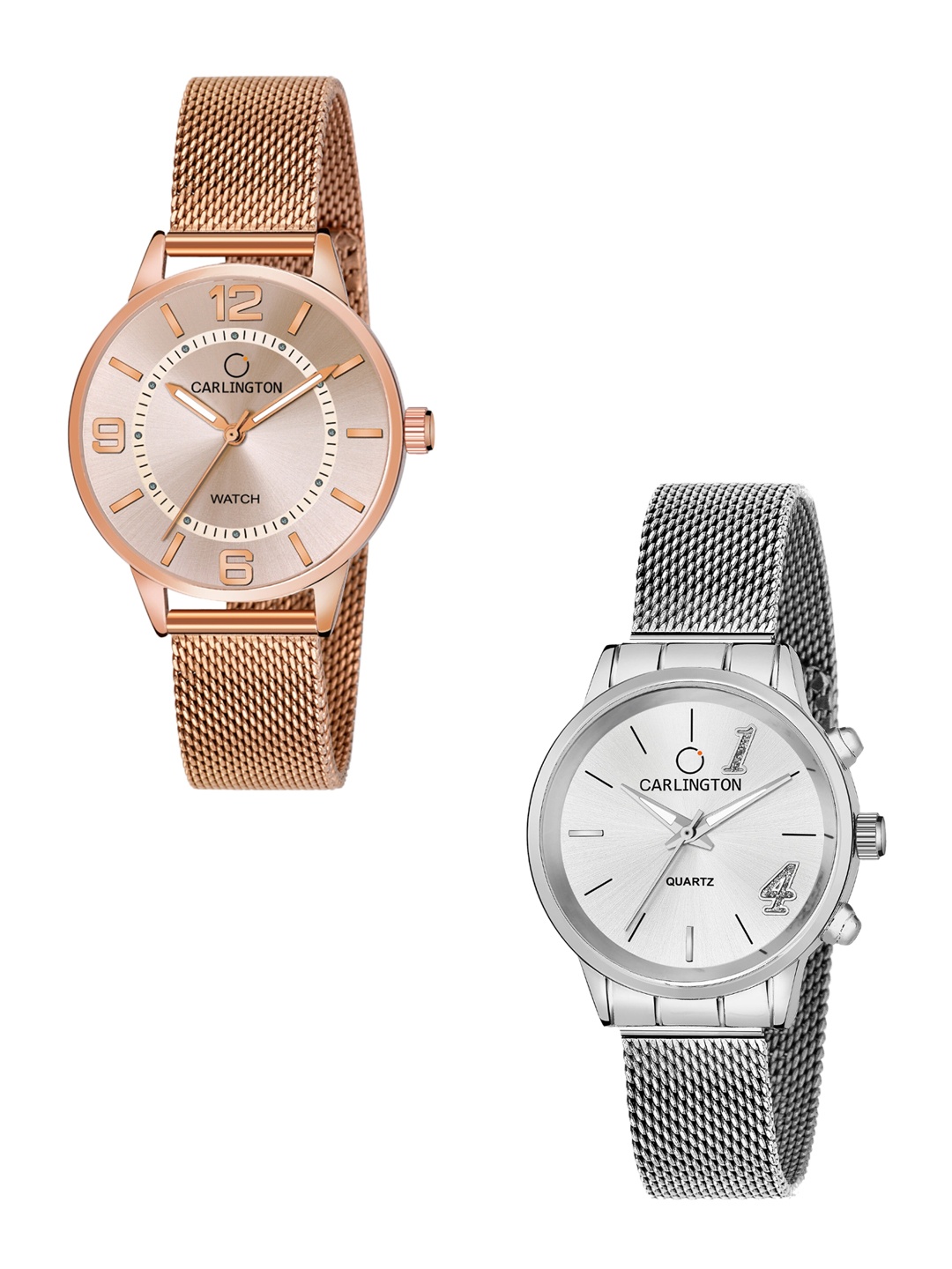 

CARLINGTON Women Set Of 2 Multicoloured Dial & Stainless Steel Bracelet Straps Analogue Watch CT2002 RoseGold-CT2012 Silver, Multi