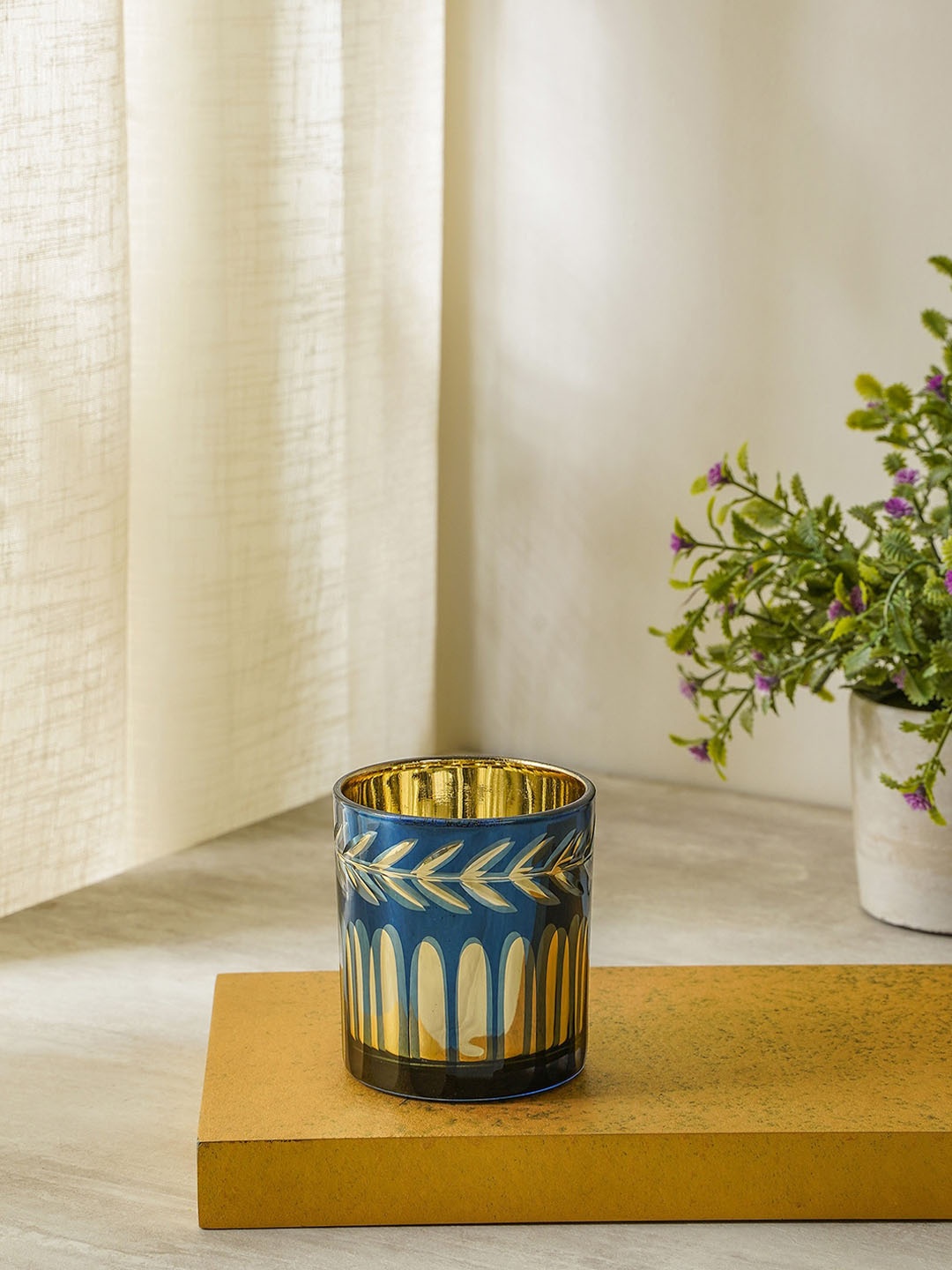 

Pure Home and Living Set of 4 Blue & White Printed Glass Votive Candle Holders