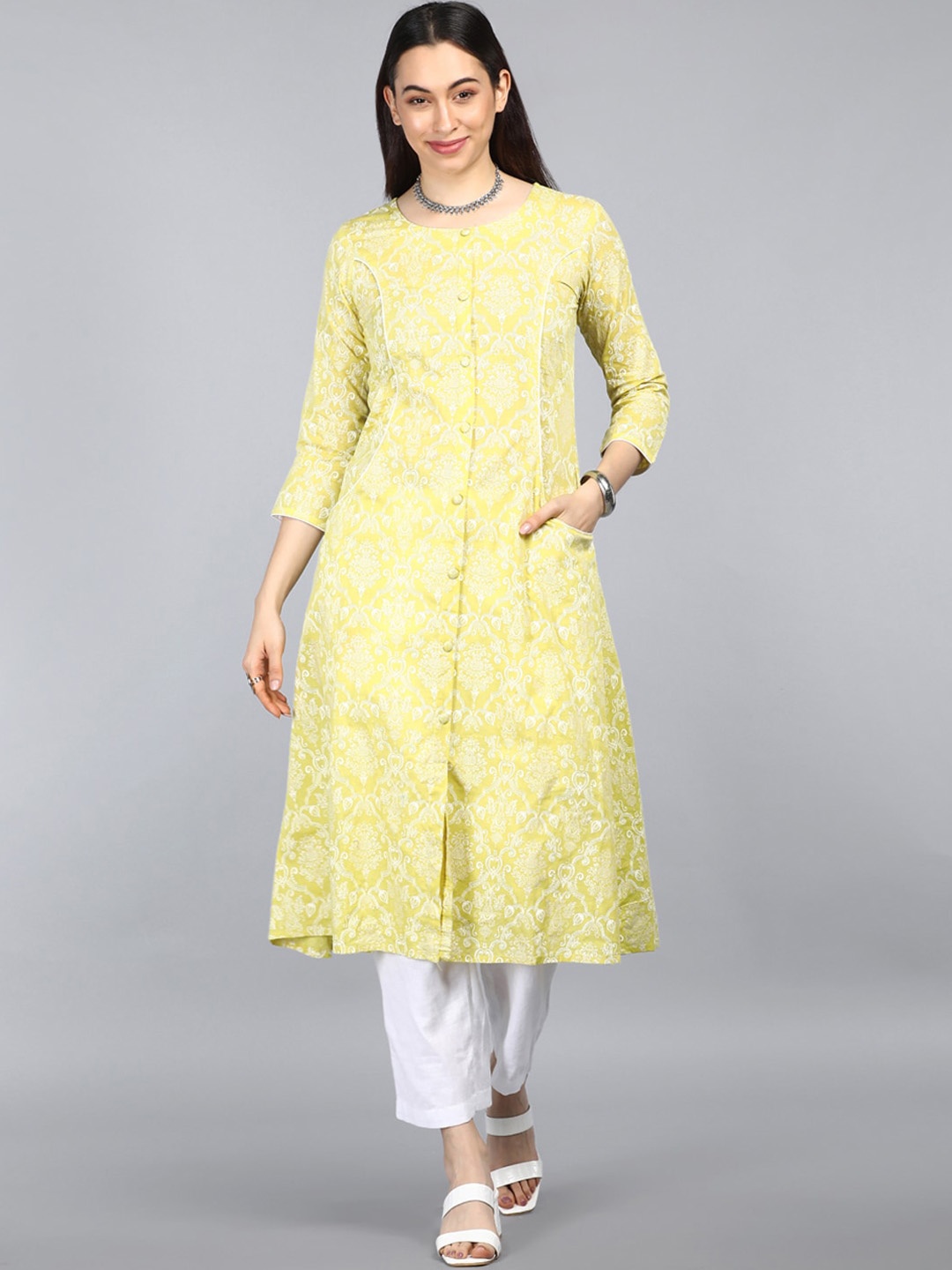 

AHIKA Women Lime Green Floral Embroidered Thread Work Kurta