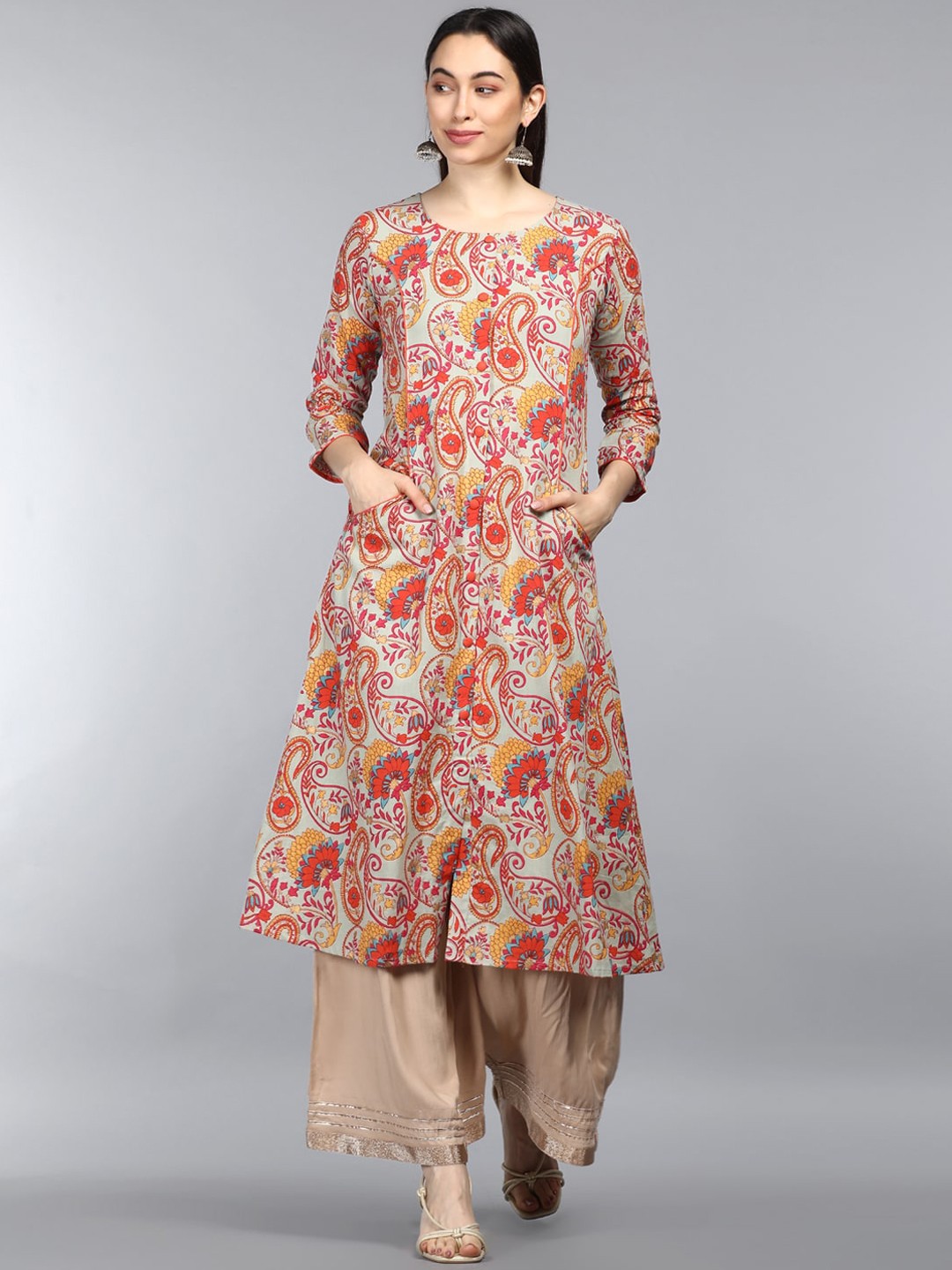 

AHIKA Women Grey Floral Printed Keyhole Neck Kurta