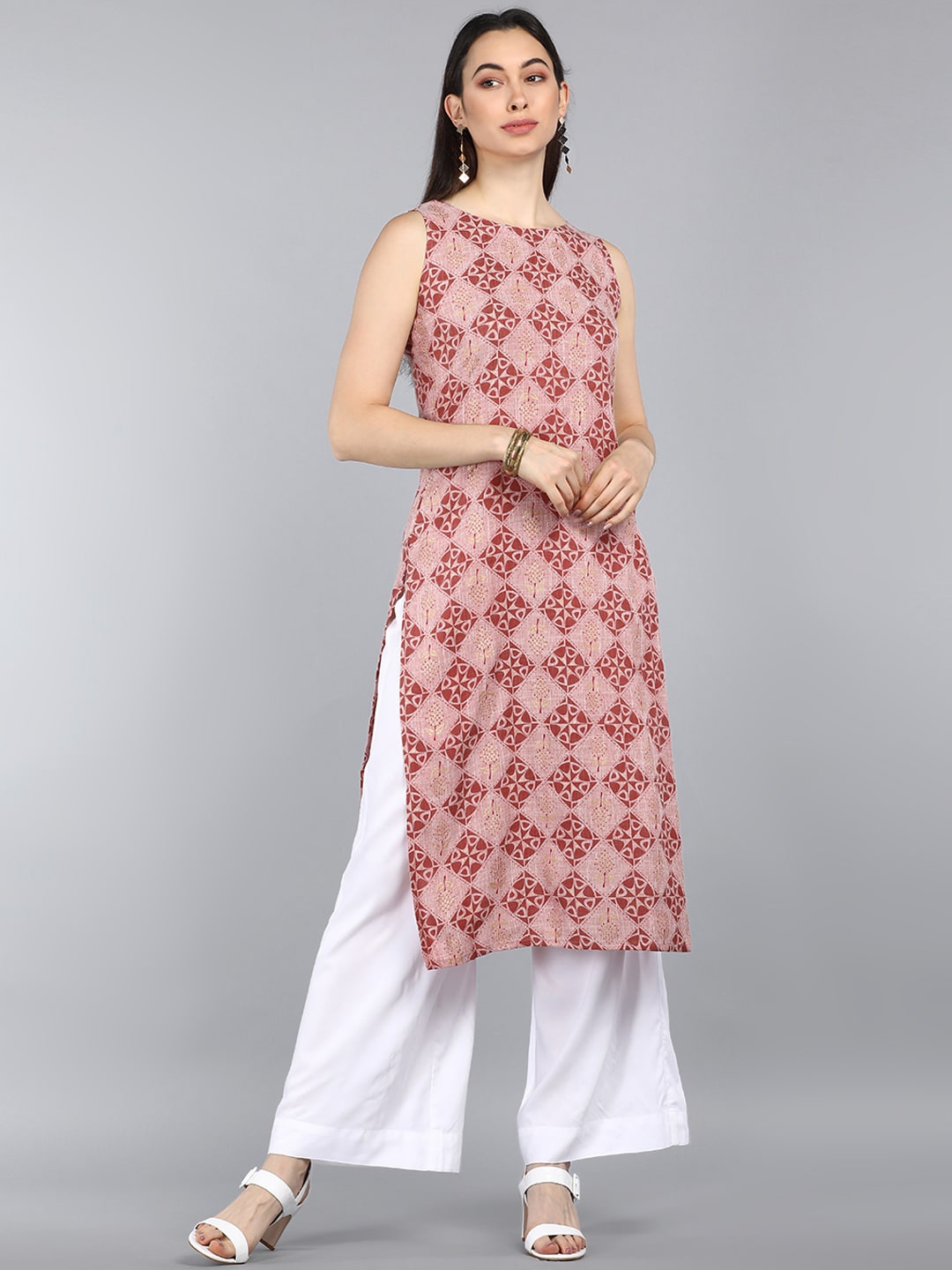 

AHIKA Women Mauve Ethnic Motifs Printed Keyhole Neck Gotta Patti Kurta