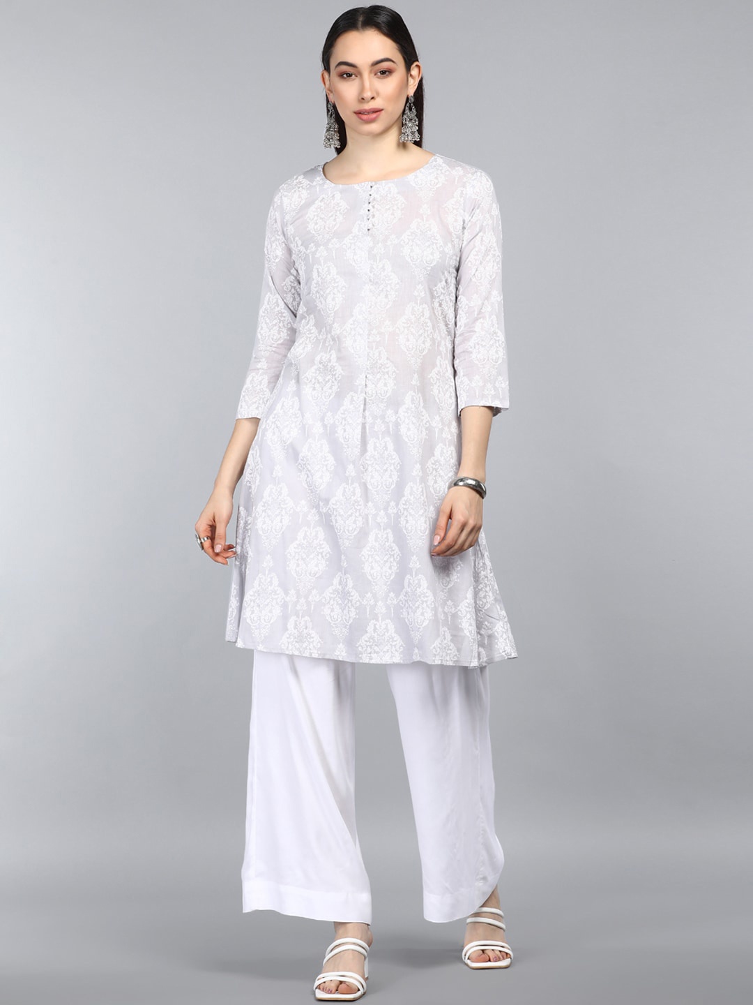 

AHIKA Women Grey Ethnic Motifs Embellished Chikankari Kurta