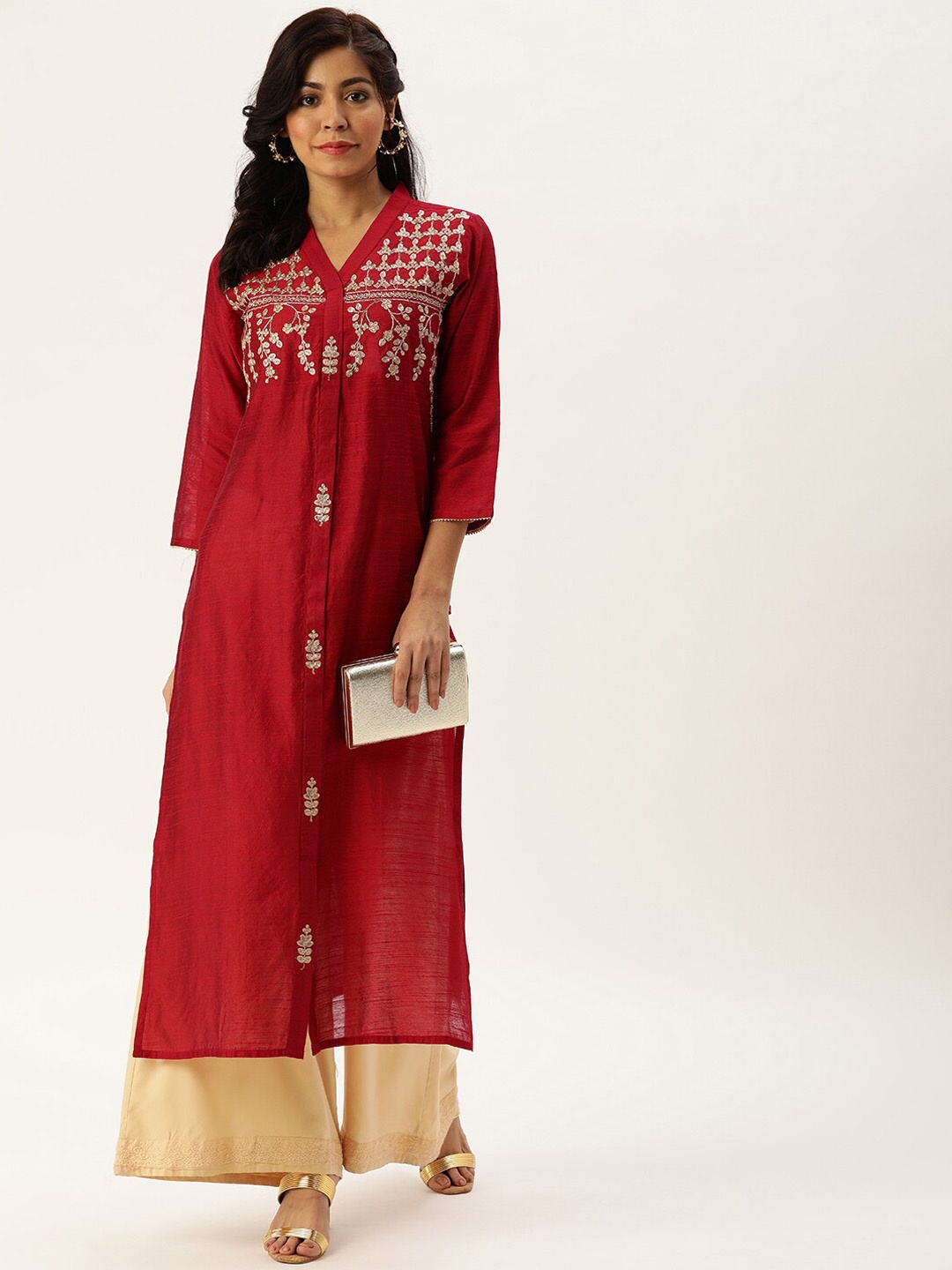 

Varanga Women Red Geometric Yoke Design Mirror Work Kurta
