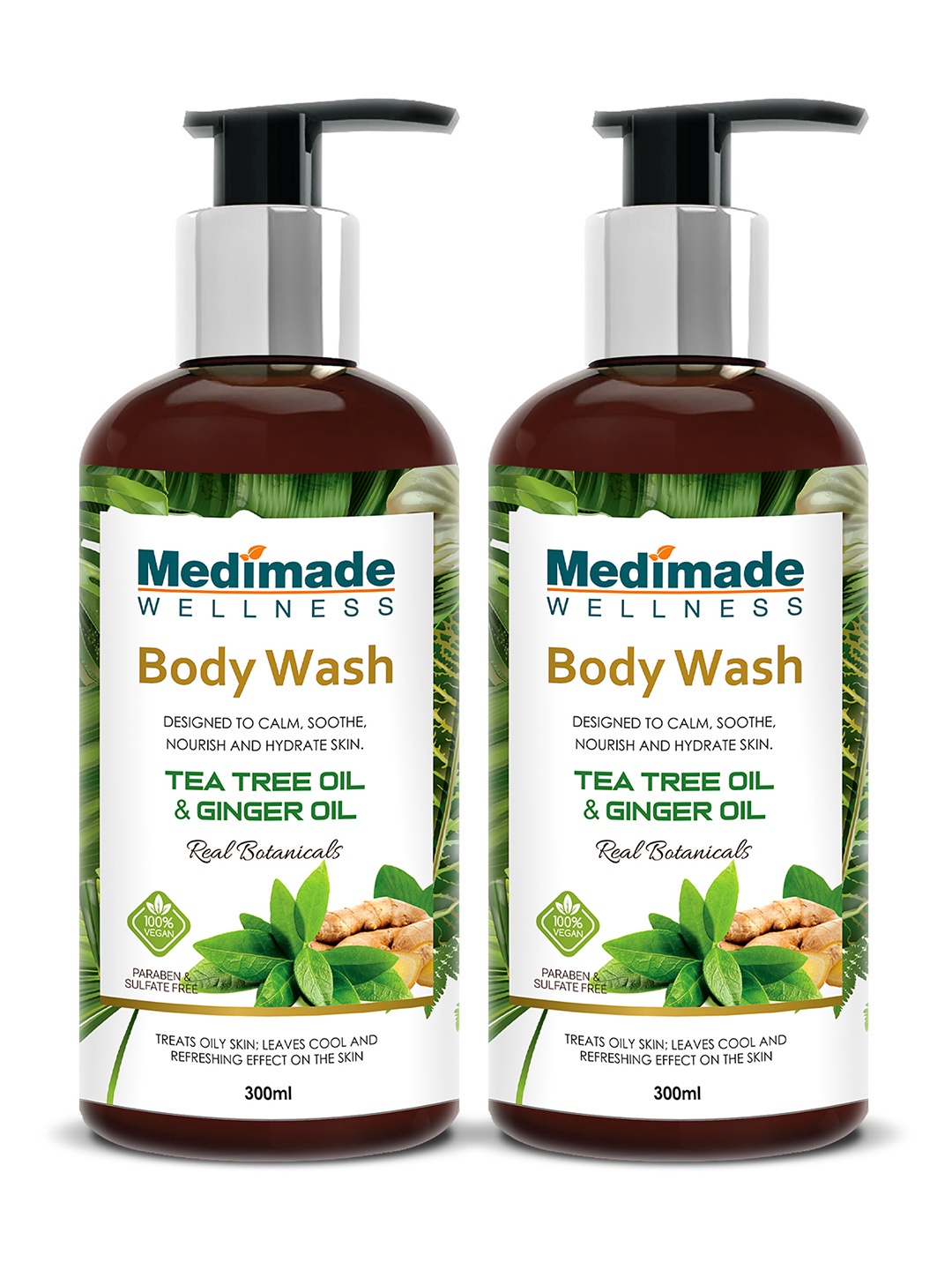 

Medimade Pack of 2 Tea Tree Oil and Ginger Oil Body Wash, Green