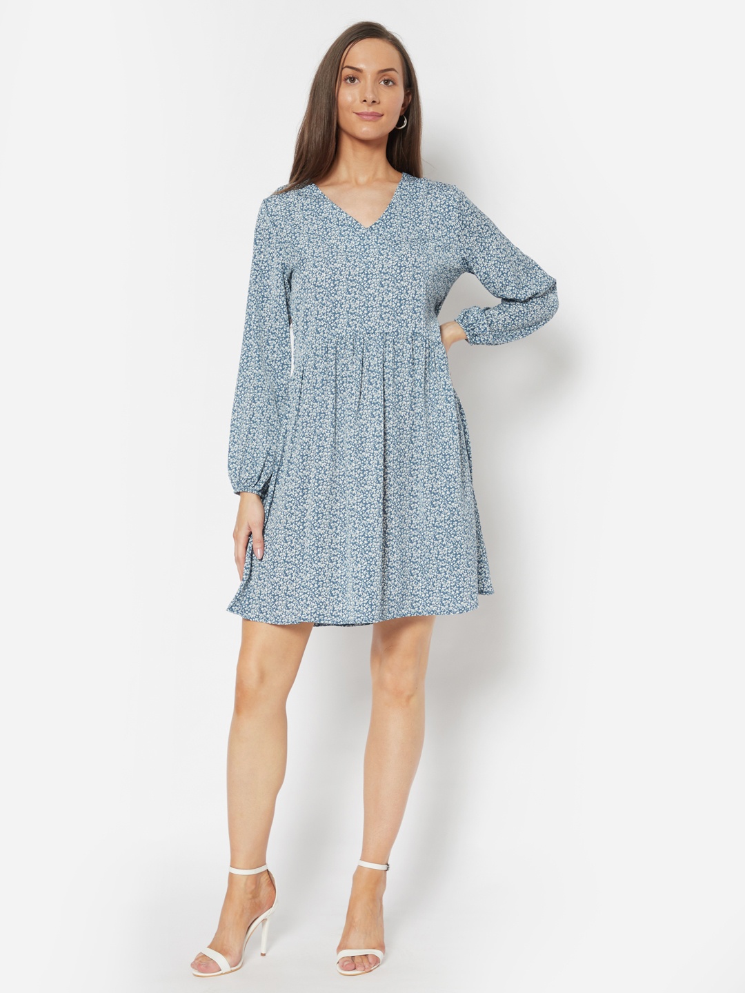 

URBANIC Teal Blue & White Printed A-Line Dress