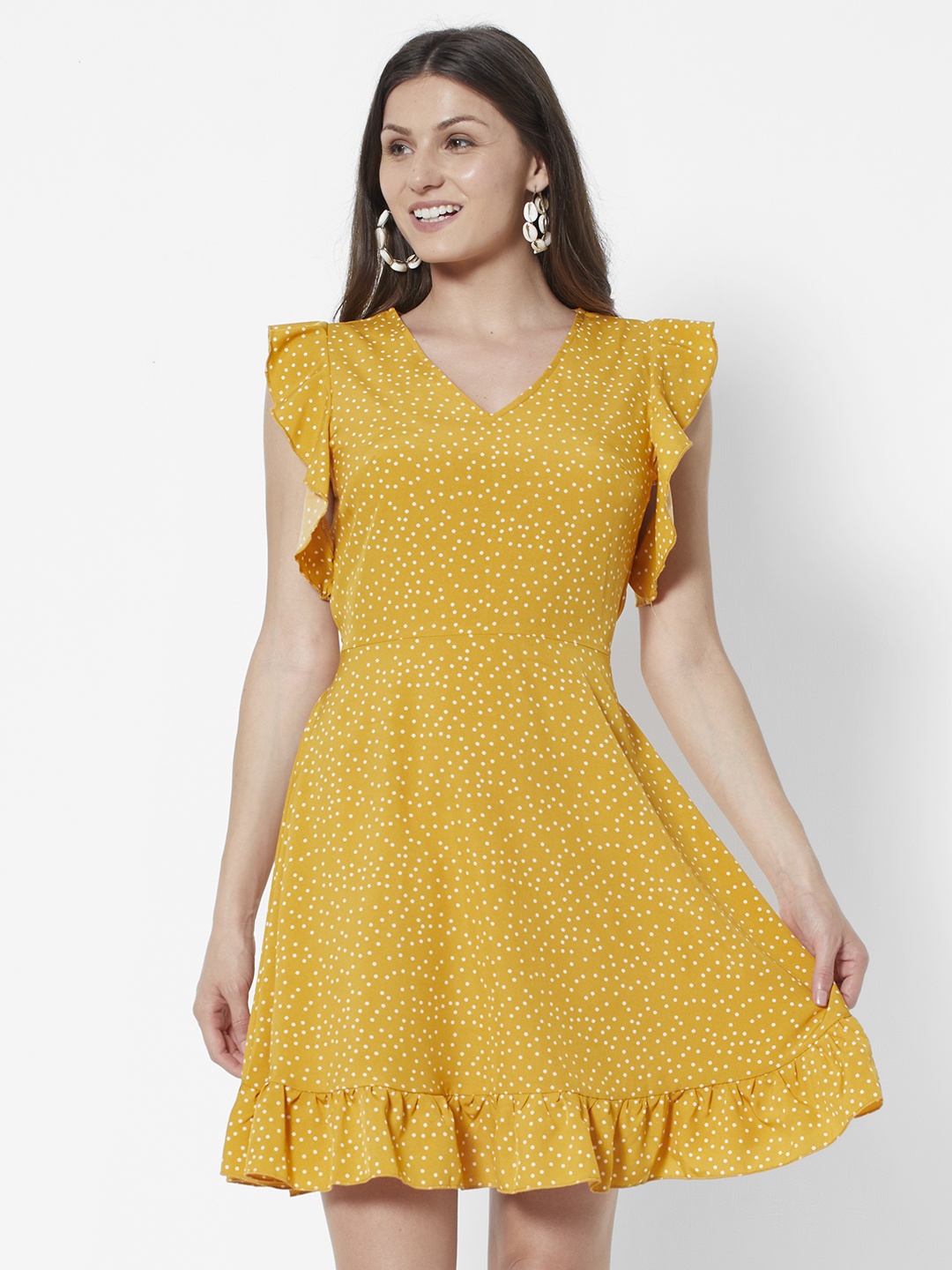 

URBANIC Mustard Yellow & White Printed A-Line Dress