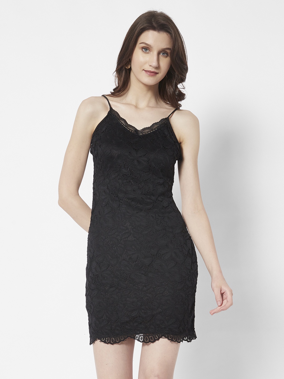 

URBANIC Black Floral Design Lace Sheath Dress