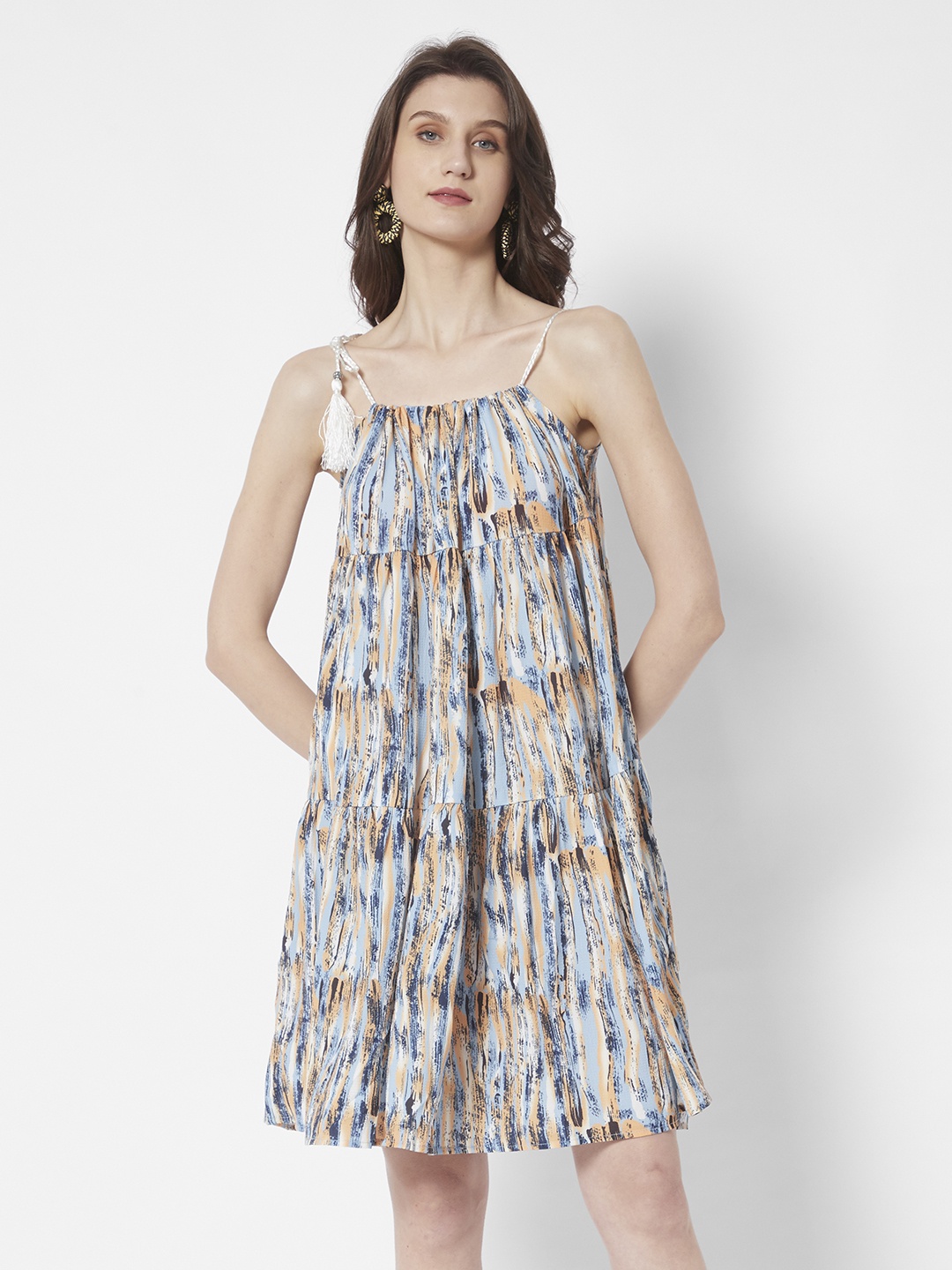 

URBANIC Blue & Mustard Yellow Printed A-Line Dress