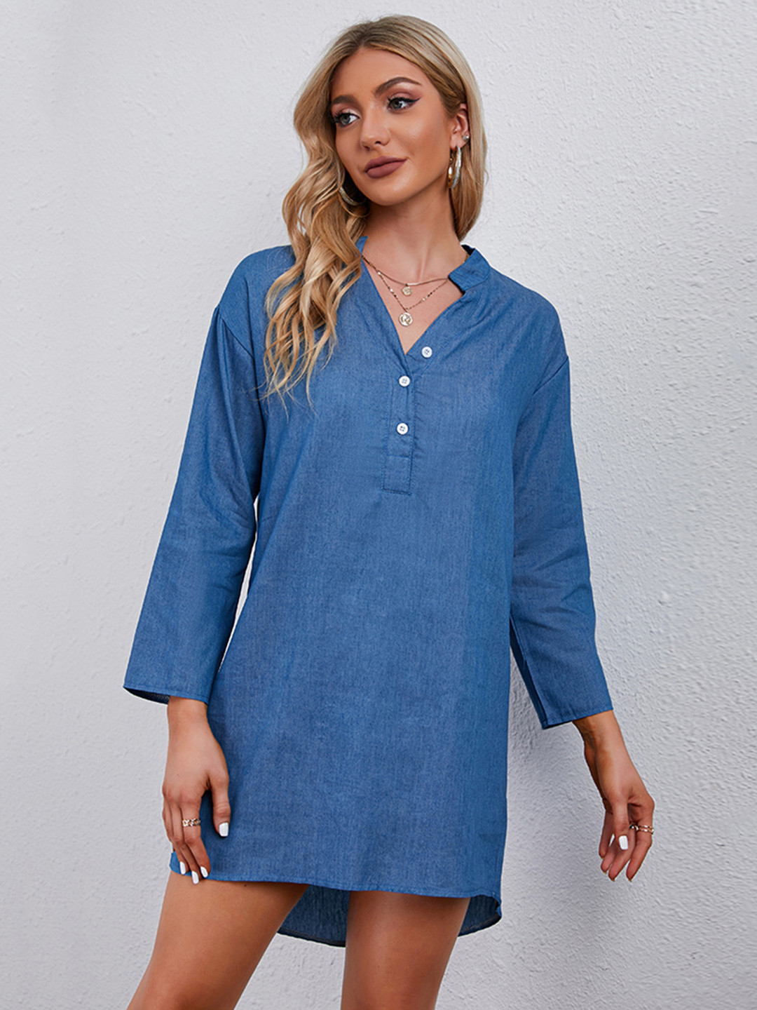

URBANIC Blue Cotton A-Line Chambray Dress