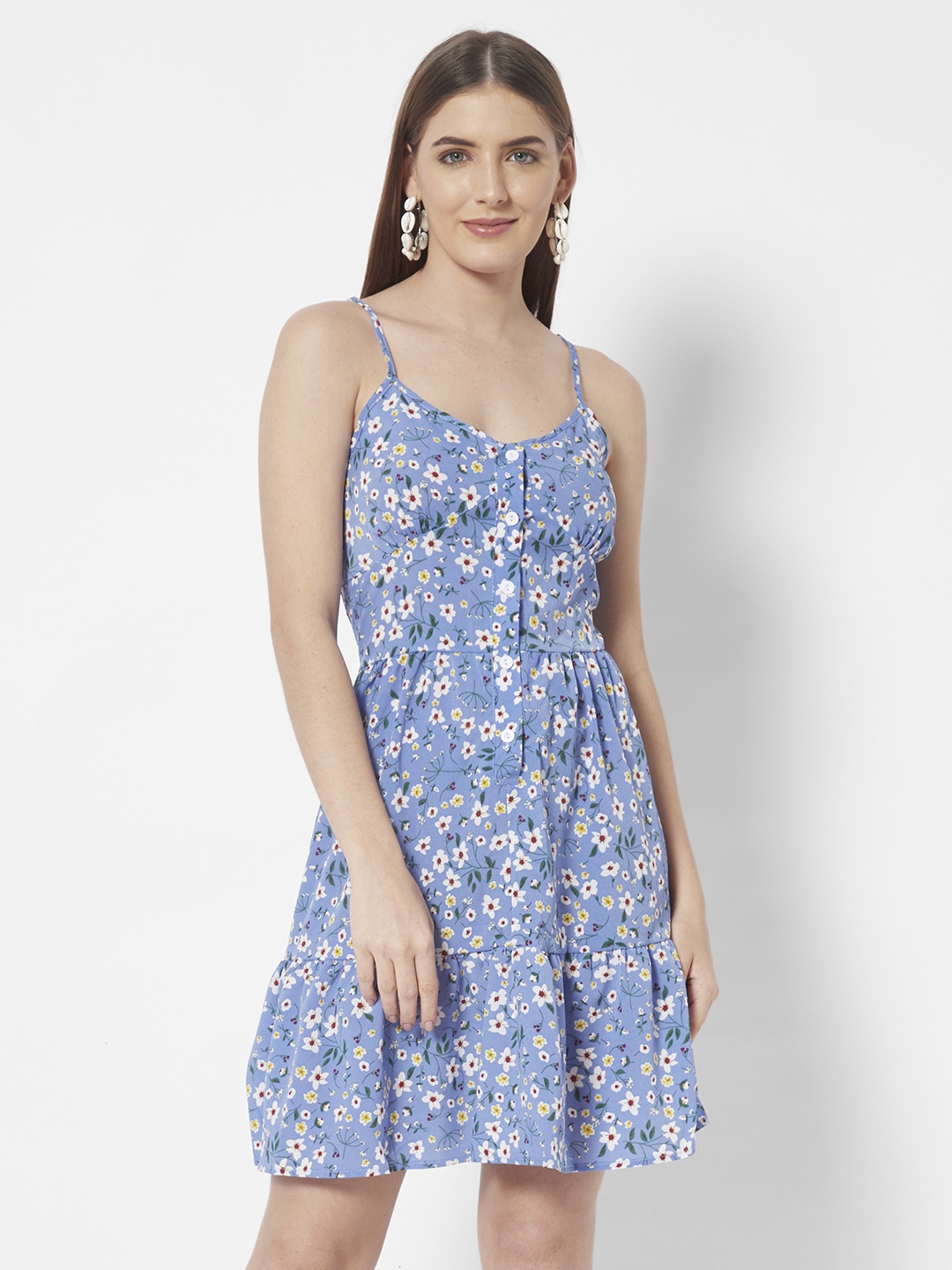 

URBANIC Blue & White Floral Printed A-Line Dress