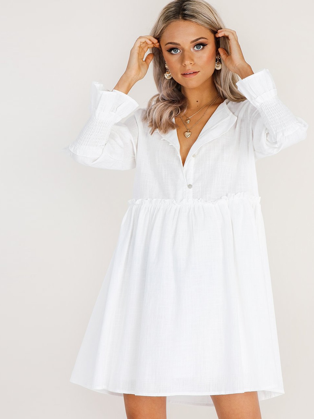 

URBANIC Women White Solid Pure Cotton A-Line Mini Dress