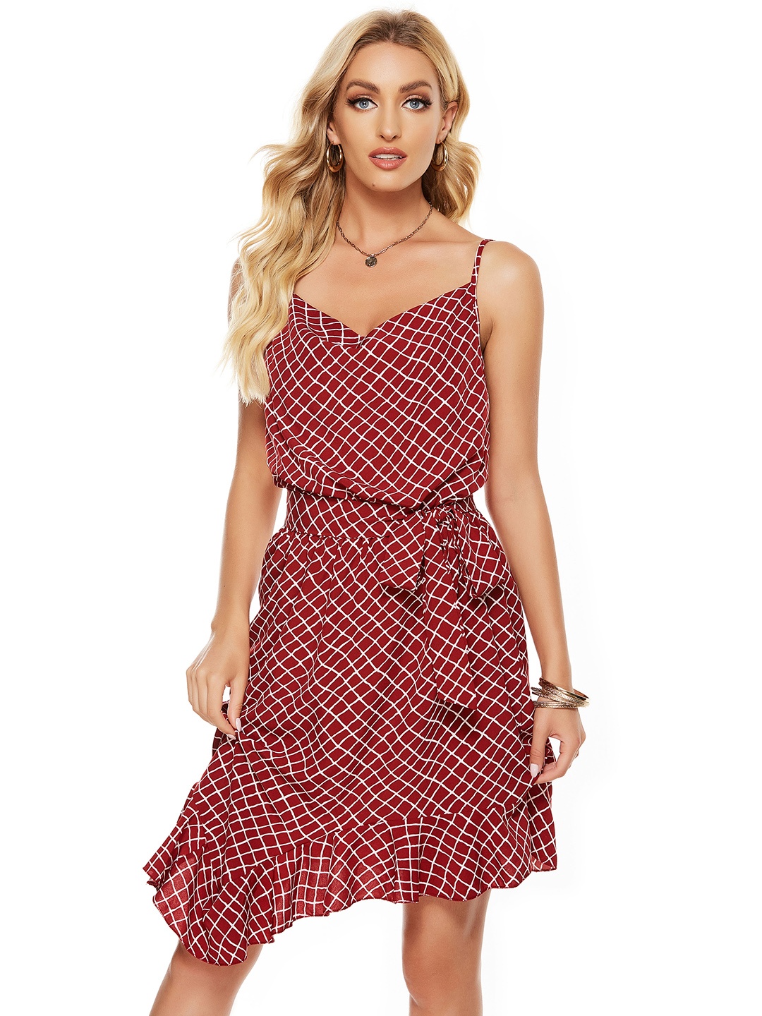

URBANIC Women Red & White Checked A-Line Belted Dress
