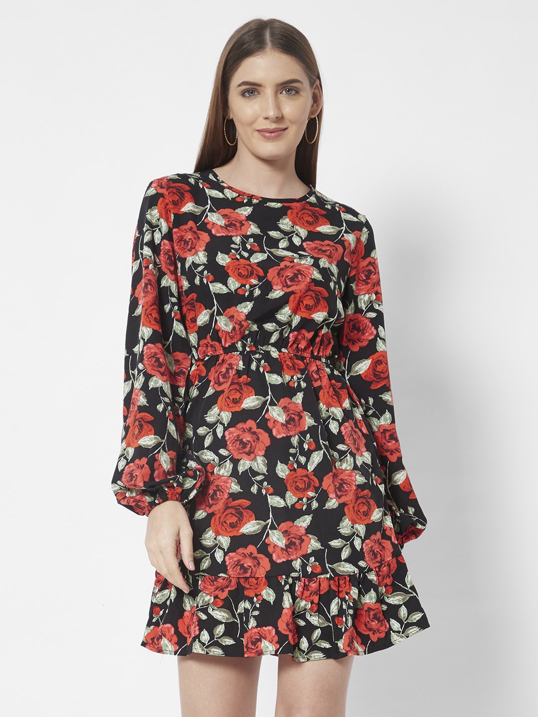 

URBANIC Black & Red Floral Printed A-Line Dress
