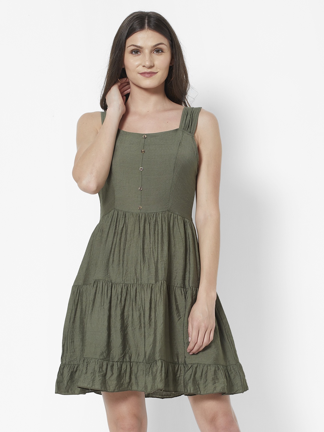 

URBANIC Olive Green Solid Tiered A-Line Dress