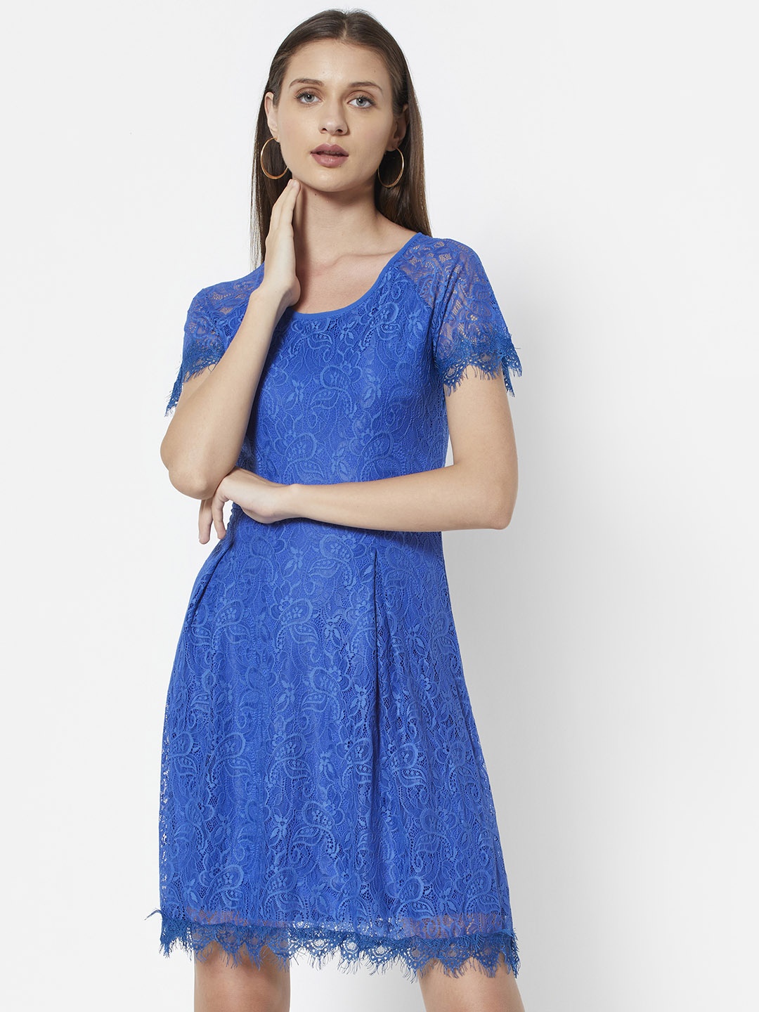 

URBANIC Blue Floral Design Lace A-Line Dress