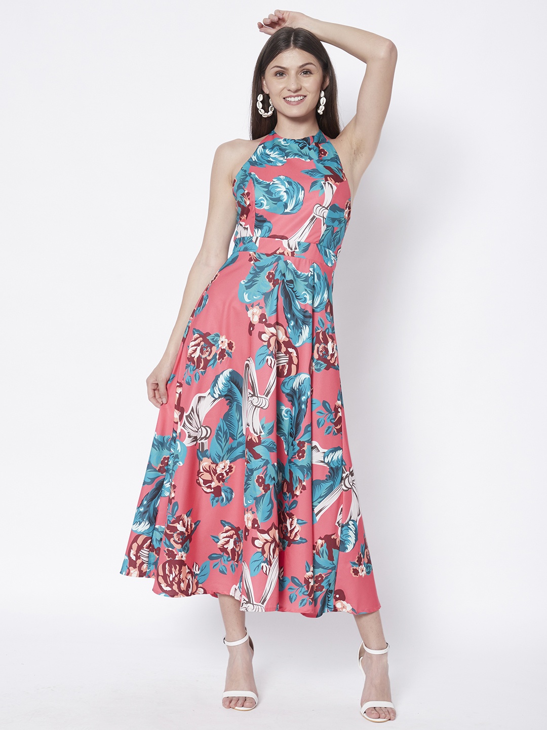 

URBANIC Pink & Green Floral Print A-Line Midi Dress