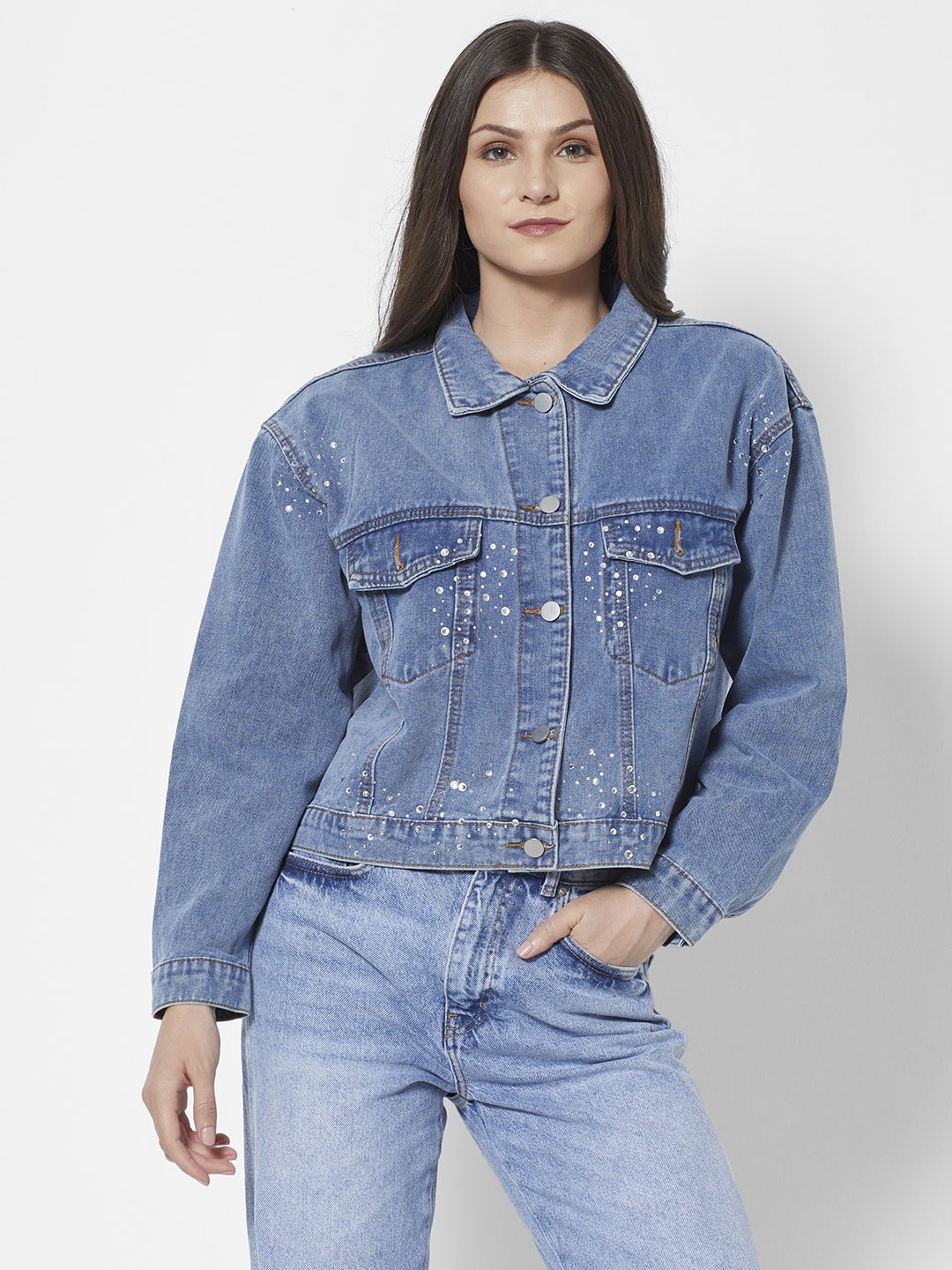 

URBANIC Women Navy Blue Solid Denim Rhinestone Trucker Jacket