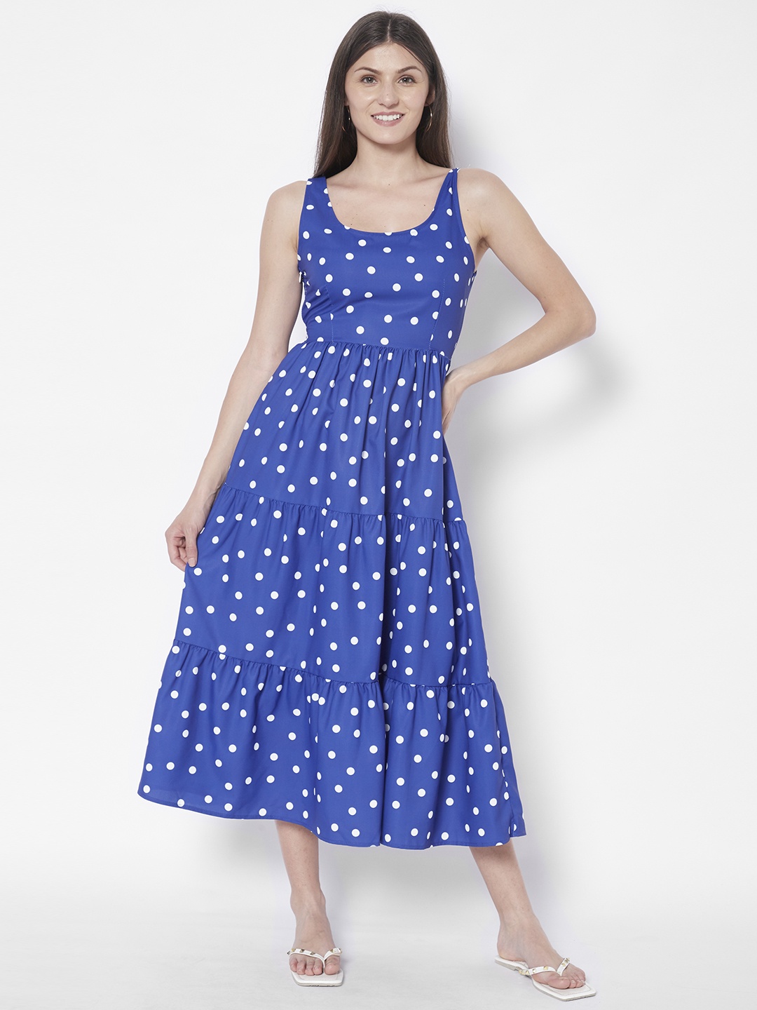 

URBANIC Blue & White Polka Dots Printed A-Line Midi Tiered Dress