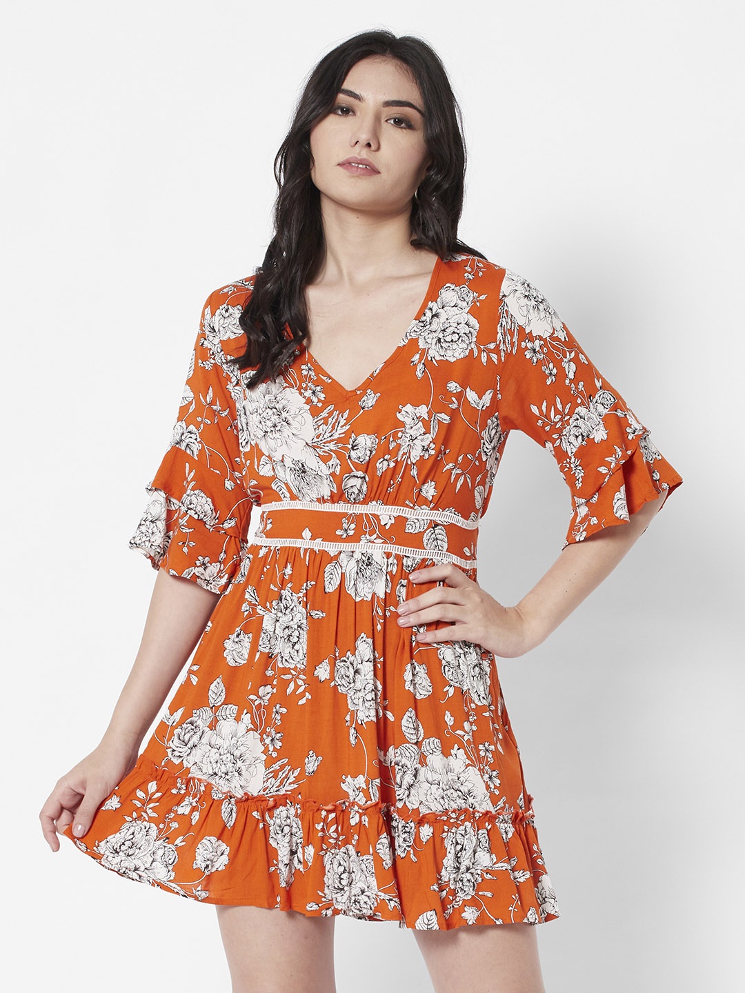 

URBANIC Orange & White Floral A-Line Dress
