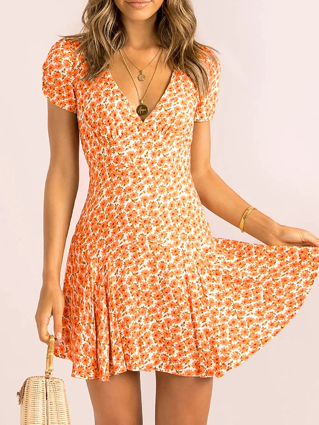 

URBANIC Orange & White Floral Print A-Line Dress