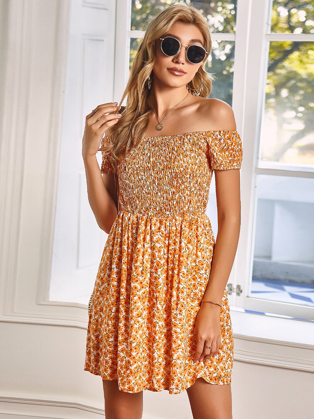 

URBANIC Orange & White Floral Print Smocked Off-Shoulder Dress