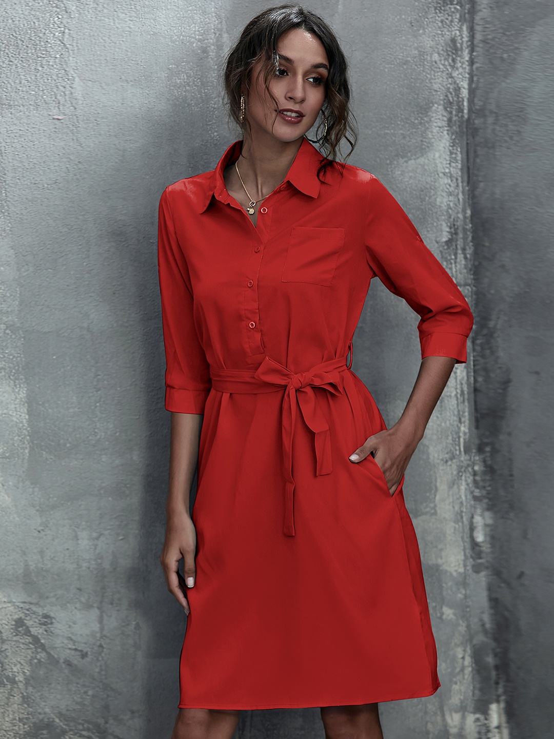 

URBANIC Red Belted Shirt Dress