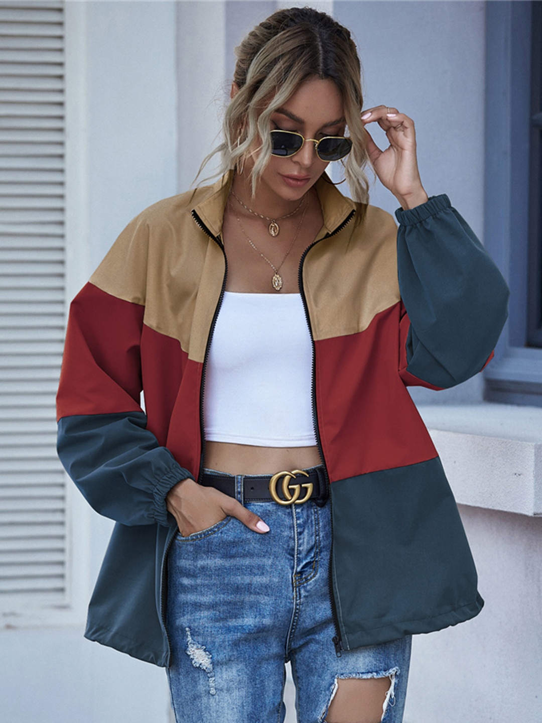 

URBANIC Women Beige Red Colourblocked Bomber Jacket