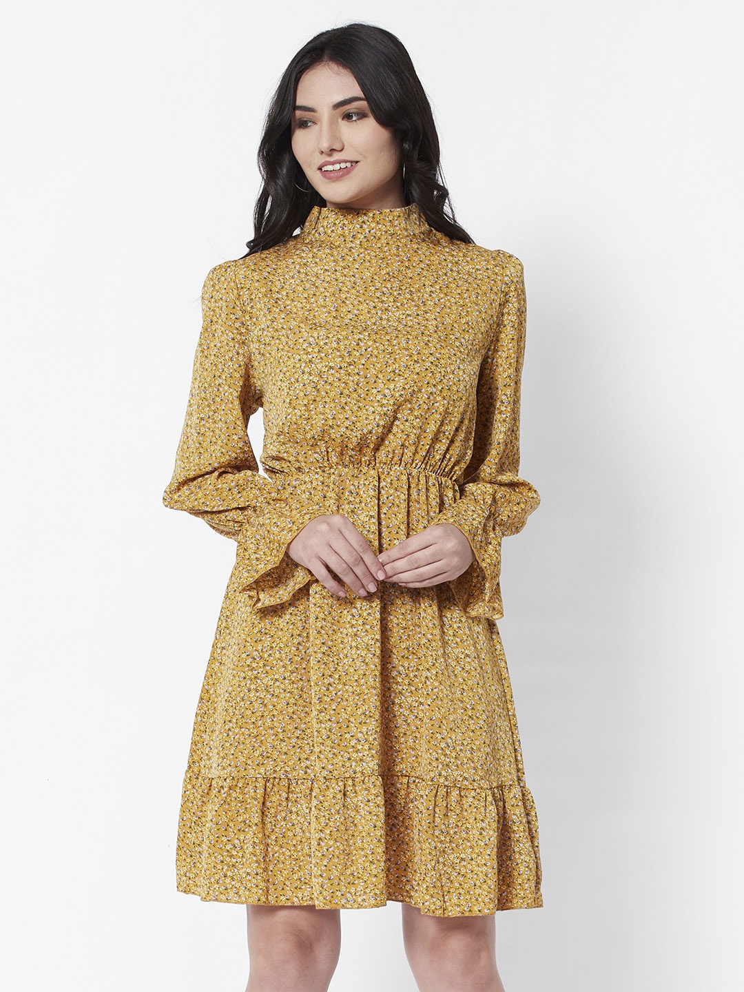 

URBANIC Mustard Yellow & Green Floral Print Blouson Dress