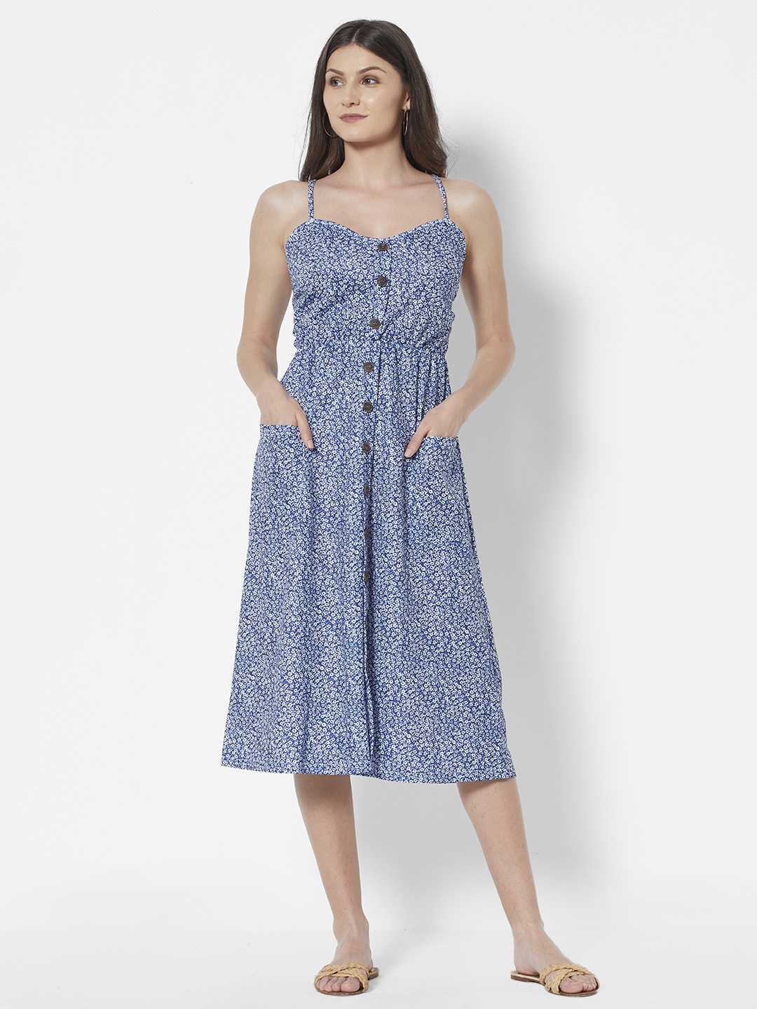 

URBANIC Blue & White Floral Print A-Line Midi Dress