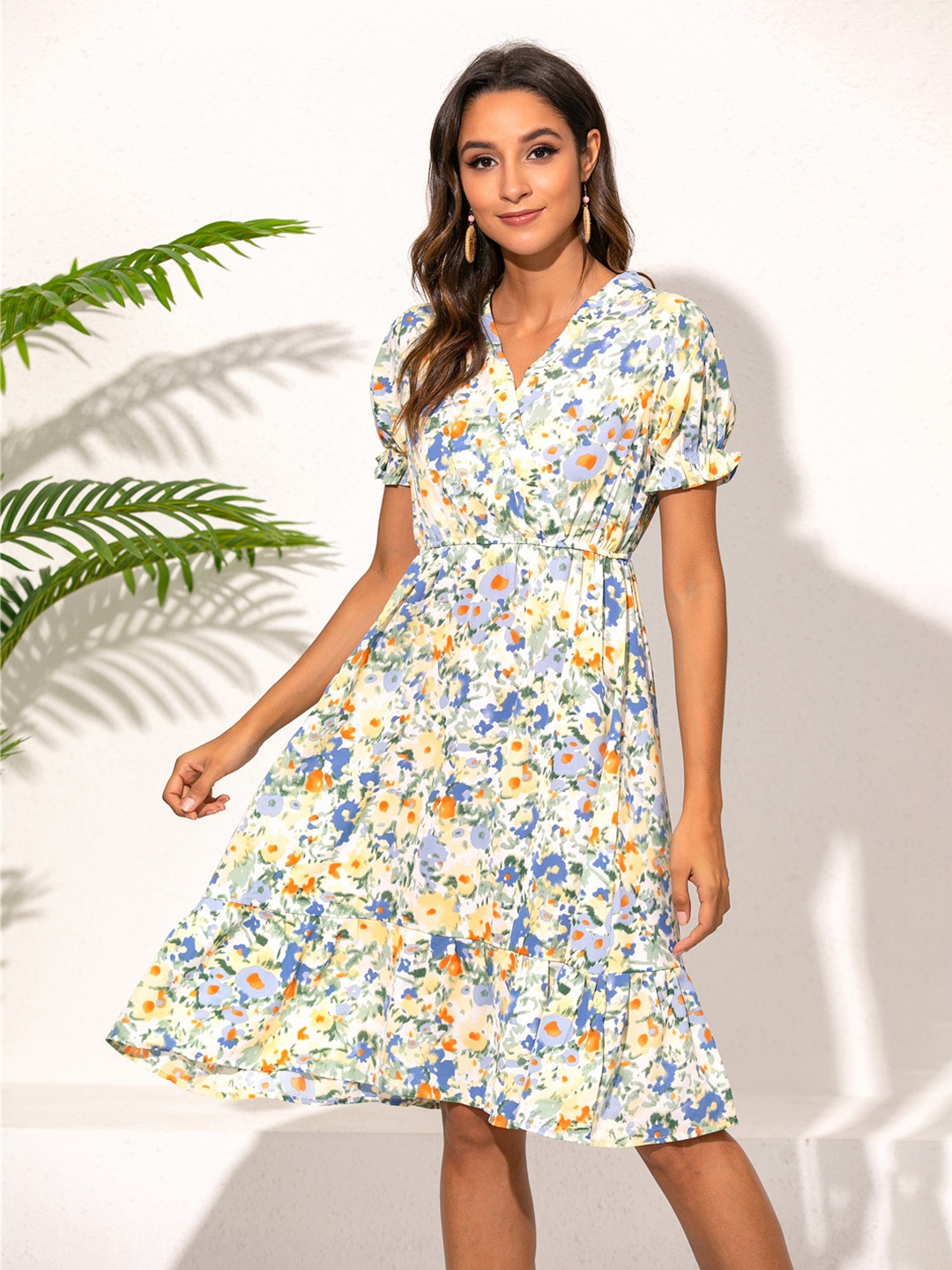 

URBANIC Women Blue & Yellow Floral Dress