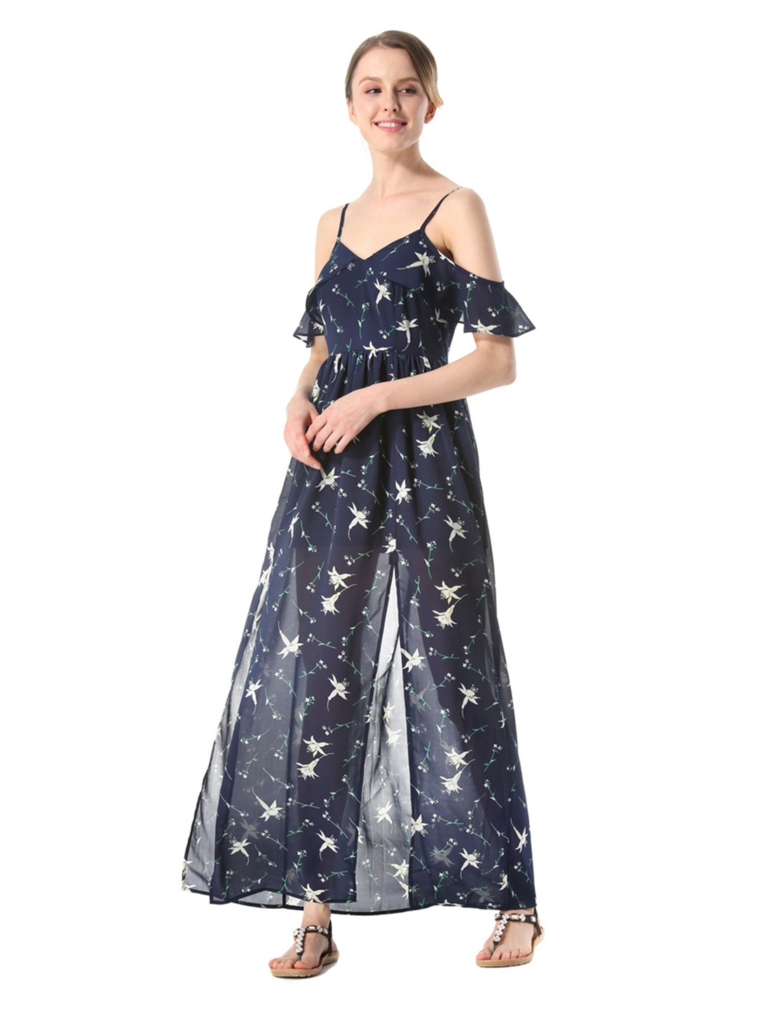 

URBANIC Navy Blue & White Floral Print Front Slits Maxi Dress