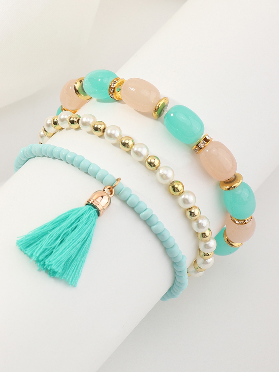

URBANIC Women Set of 3 Beaded Elasticated Bracelets, Sea green