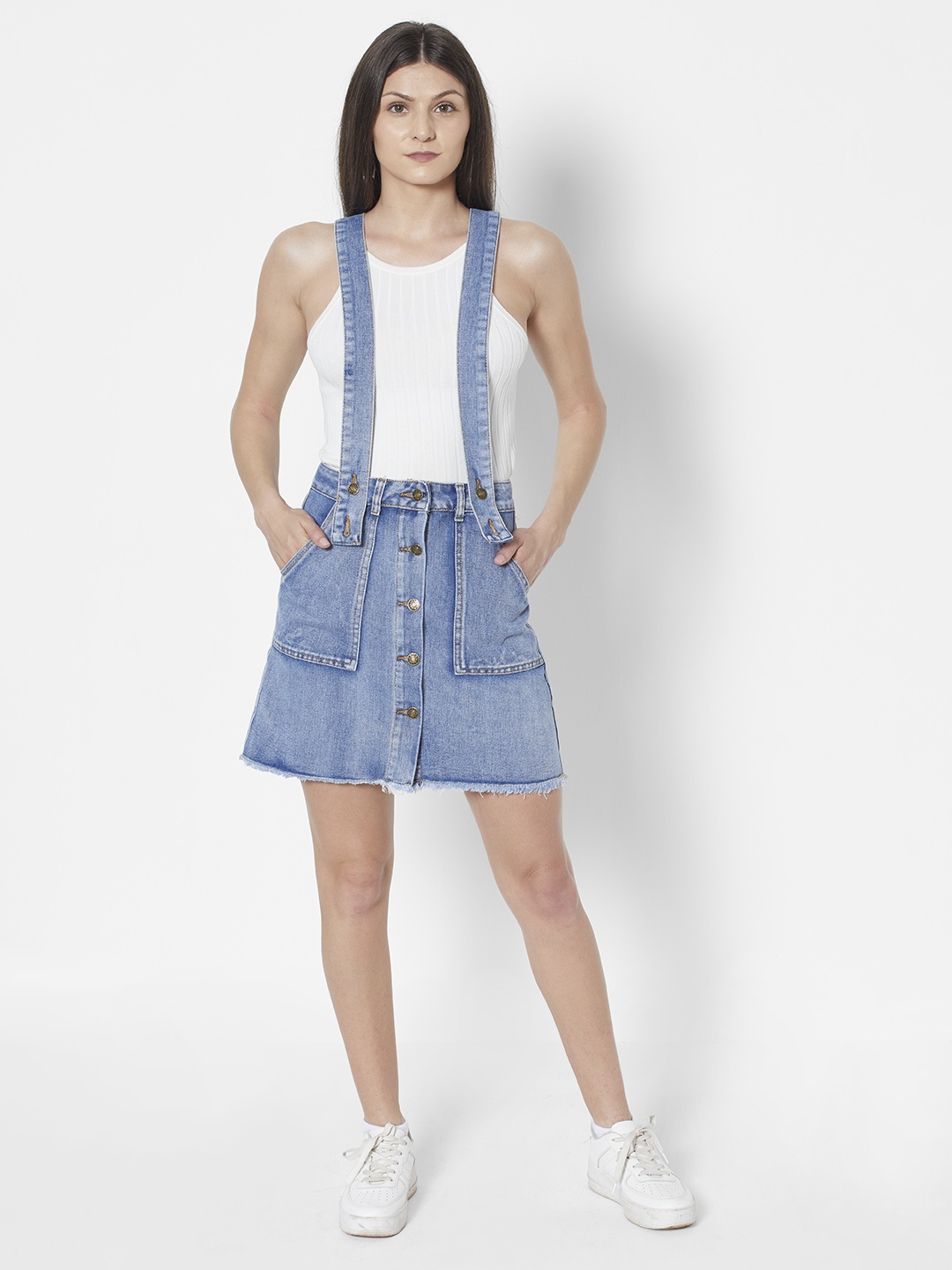 

URBANIC Women Blue Solid Denim A-Line Skirt with Suspenders