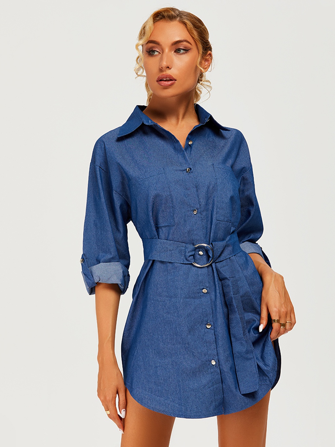 

URBANIC Blue Cotton Chambray Shirt Dress