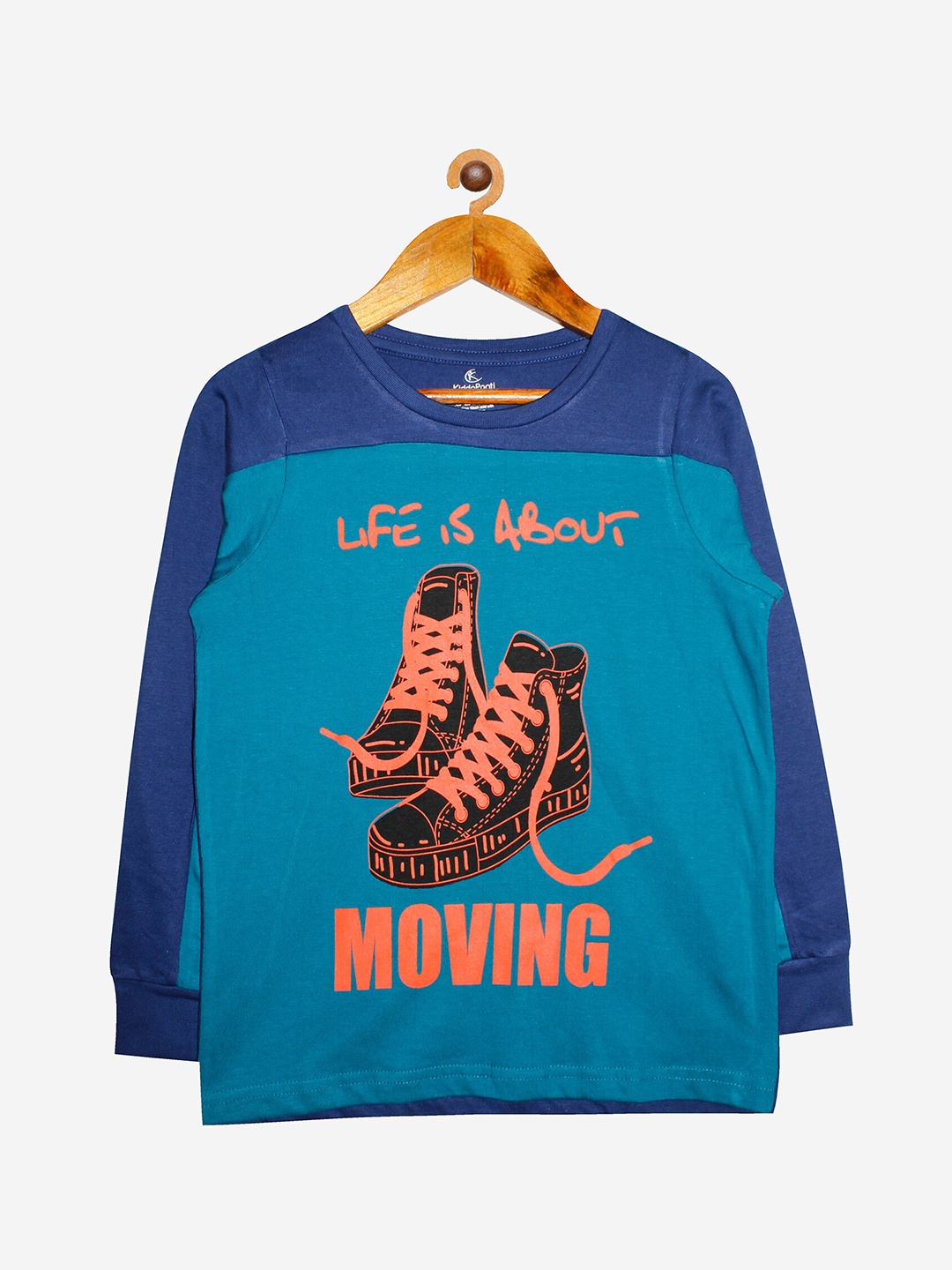 

KiddoPanti Boys Teal Blue & Orange Printed Pure Cotton T-shirt