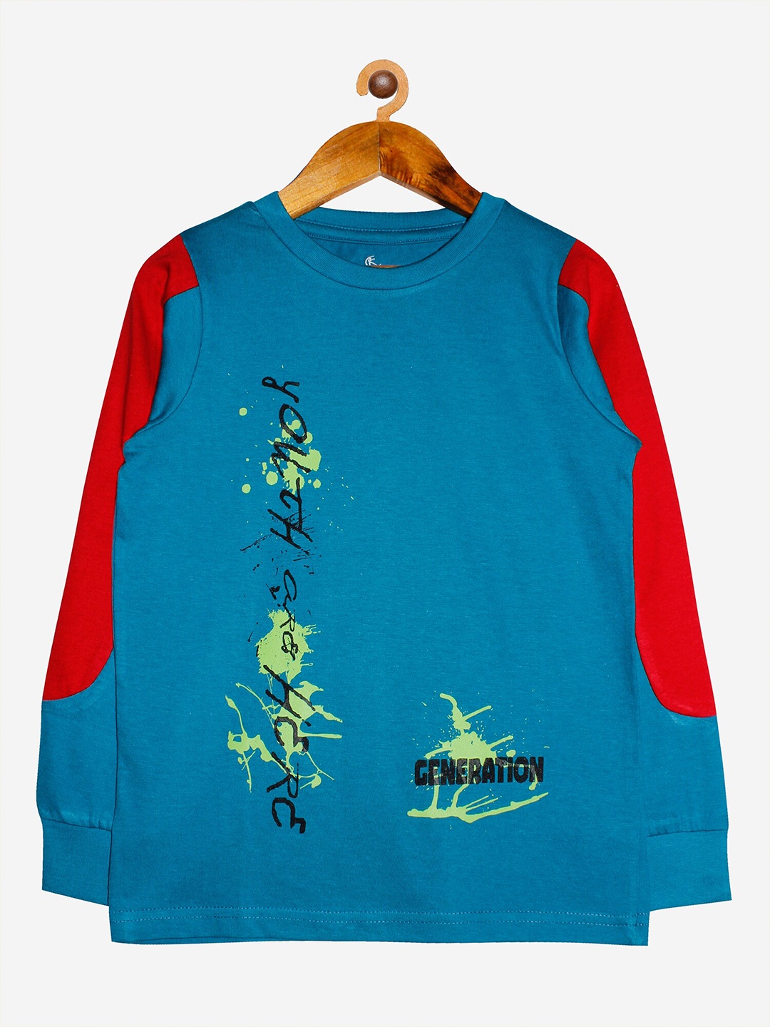 

KiddoPanti Boys Teal Floral Printed Applique T-shirt